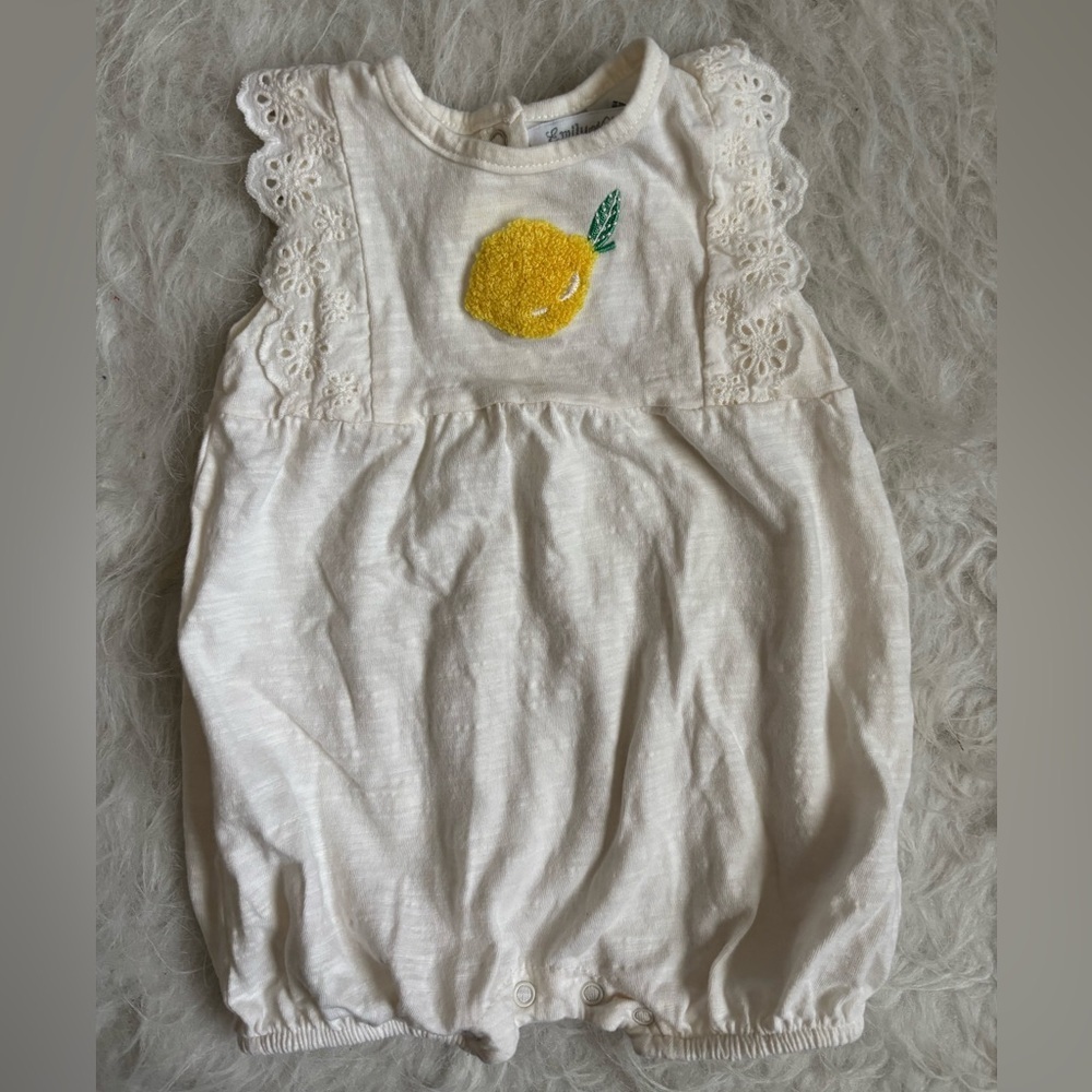 Baby Girls White Lemon Embroidered Romper with Dainty Lace Detail